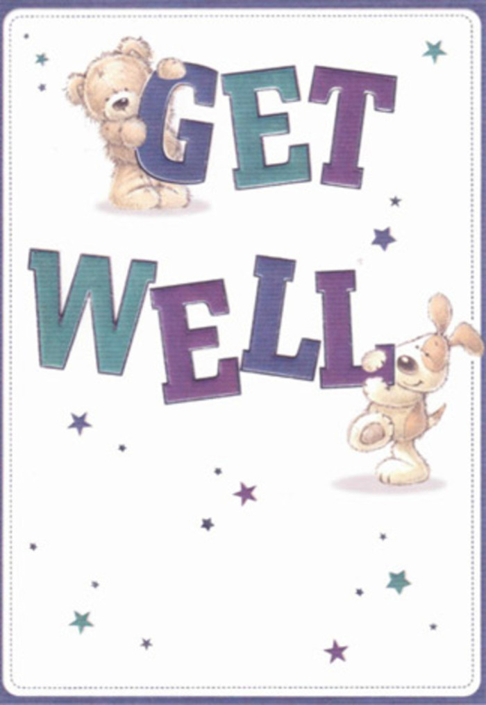Within this uplifting get well card, the artistry of gentle encouragement comes alive-a scene reminiscent of care and creativity found right here in Primrose. Two whimsical friends, a cuddly bear and an exuberant puppy, are artfully positioned among oversized, playful lettering that spells 'Get Well.' Both characters are illustrated with endearing features: the bear's fluffy coat and the puppy's velvety, floppy ears radiate a sense of tactile comfort, inviting a smile. Floating around them, bursts of star shapes in shades of violet, turquoise, and blue recall the magical, starlit evenings by Primrose Hill park. The typography is vibrant, shaded with fashionable purples and aquas, turning a simple sentiment into a confident expression of hope. Against a crisp white canvas, their scene glows with gentle light-much like a carefully arranged bouquet ready for same-day delivery around Regent's Canal. Every detail, from the stars to the expressive eyes, is composed with nurturing precision-a blend of artistry and affection that florists here in Primrose appreciate in both blooms and cards. The overall mood is one of airy optimism and heartfelt care, making this card a perfect companion to a locally crafted floral gift, designed for uplifting anyone in recovery and surrounding them with genuine warmth.