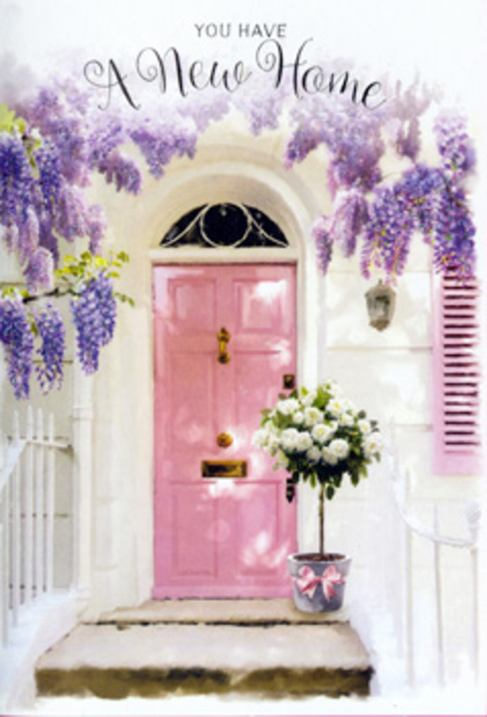 Approaching this pretty Primrose doorway, you can almost imagine walking up from the greenery of Primrose Hill, arms full of boxes, heart full of possibility. The image centres on a satin-matte pink front door, painted in a soft pastel that glows warmly against the clean whitewashed wall. To one side, a gently weathered shutter echoes the blush tones, its slats slightly angled as though to let in both light and spring air. Overhead, wisteria cascades in generous swathes of lavender and lilac, each drooping cluster creating a living curtain that frames the entrance with romantic charm. The blossoms appear almost cloud-like, drifting downward and casting soft, stippled shadows across the doorstep. At the base of the door, a chic tin-style bucket in a cool grey tone rests solidly on the stone. It brims with plush white and creamy roses, each bloom open and rounded, their layers of petals catching the light and suggesting the freshness of flowers cut that same morning. Fine threads of green foliage weave through the arrangement, adding texture and a just-picked-from-the-garden feeling, like something gathered from a hidden courtyard off nearby Regent's Park Road. A satin pink ribbon is tied carefully around the bucket, its gentle sheen and flowing tails mirroring the softness of the door and wisteria above. The whole scene feels like a quiet celebration of moving day-a still moment before visitors arrive, perfect for a new home card or a doorstep delivery organised with a trusted Primrose florist. It carries the promise of friendships, laughter, and memories yet to be made within those walls.