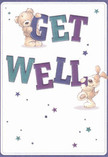 Radiating with gentle joy and playful wisdom, this get well card captures a scene both charming and deeply comforting-reflecting the spirit of kindness that runs through the streets of Primrose. Two adorable characters-a snuggly bear and a spirited puppy-are painted in soft, rounded strokes, their fur almost tangible against the page. Together, they cradle and balance the robust, colourful letters of 'Get Well,' using shades of indigo and teal that leap vibrantly from the card's soft cream background. Between them, stars twinkle in rich blues, purples, and aquas, scattering like hopeful wishes in the air, reminiscent of stargazing from Primrose Hill's summit on a clear evening. There's a tactile warmth in the bear's fluff and the puppy's velvety ear, creating the illusion of sharing a comforting embrace. This card is more than just a message; it's an emotional gesture, crafted with the same compassion and attention as a blooming bouquet hand-delivered to a friend on Regent's Park Road. Its mood is light, airy, and encouraging-perfect for sending a wave of reassurance and brightness to someone in need of recovery, making the recipient feel truly cherished in the heart of NW1.